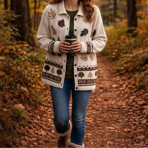 Northern Reflections Cottagecore Cardigan Sweater Sz L Cream Fall Leaves Boho